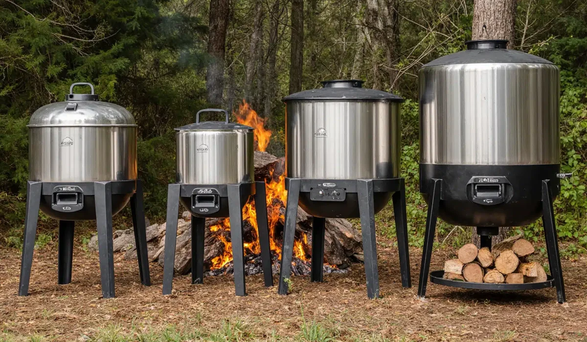 a_lineup_of_different_sizes_of_stainless_steel_barrel_smokers_in_a_rustic_outdoor_setting_with_glow_0ixzhpe6vye9svuk02an_2
